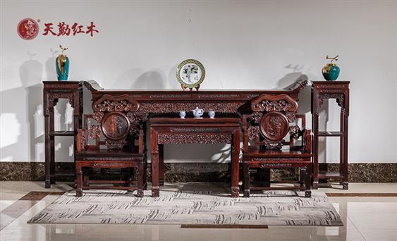 天勤紅木 紅木家具紅酸枝（學(xué)名：巴里黃檀）中堂六件套紅酸枝